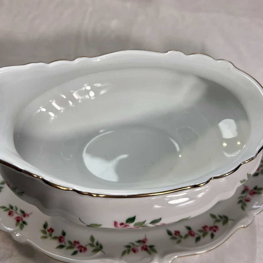 VTG Crown Bavaria Juliette Pink Roses Gravy Boat W/Attached Underplate Gold Trim